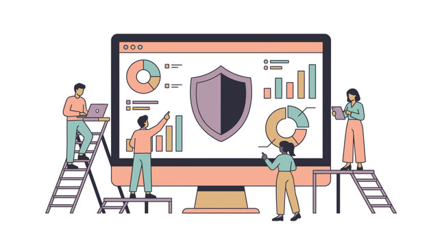 Professional Team Analyzing Cybersecurity Data Metrics and Security Analytics Dashboard on Large Computer Screen Monitor Display