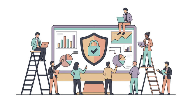Business team analyzing secure data on large screen with cybersecurity shield and charts illustration