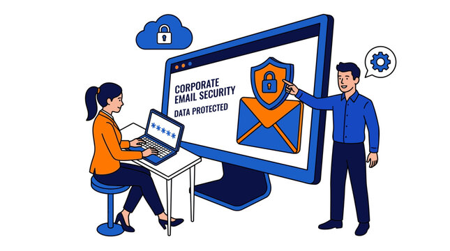 Corporate email security and data protection concept with business people securing online information
