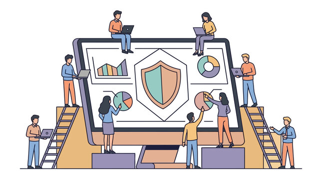Flat vector illustration of a team working together to protect computer data and analyze security charts