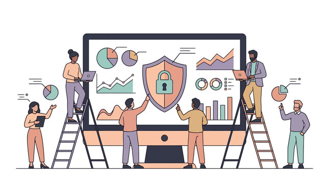 Business people analyzing data security and digital analytics on a giant computer monitor with shield icon