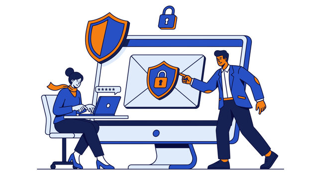 Cybersecurity professional team managing secure email data protection and network privacy on a computer screen