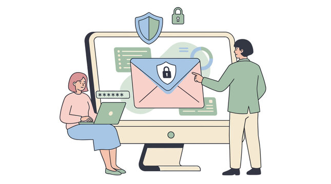 Business professionals managing secure digital communications and encrypted data protection on computer interface