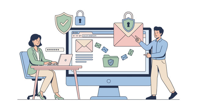 Cybersecurity Illustration with People Managing Secure Email and Data Protection on a Computer Screen