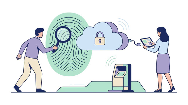 Digital biometric security and cloud data protection illustration featuring identity verification