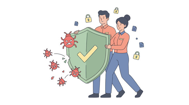 Cybersecurity Concept Illustration showing People Protecting Digital Data from Virus Malware with a Security Shield and Locks