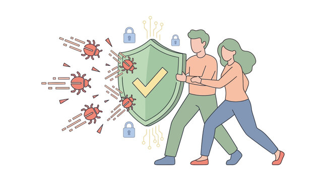 Couple holding protective shield defending against cyber bugs, malware and virus attack illustration