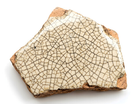 Antique ceramic shard with crackle glaze texture, ancient pottery fragment showing weathered clay and aged porcelain finish. Vintage broken pottery piece with intricate crazing pattern on white