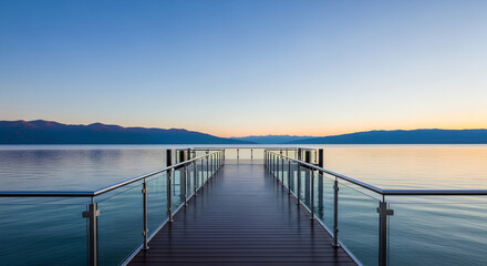 Obraz premium A modern wooden pier with glass railings extends into a calm lake at sunrise, with distant mountains under a clear sky.
