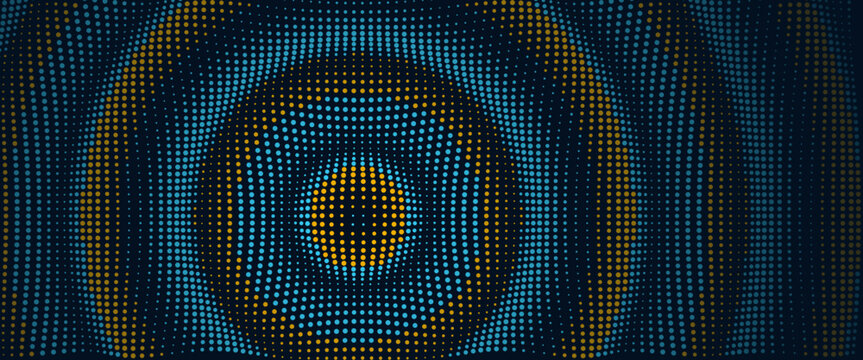 Abstract digital background featuring a concentric circular pattern of yellow and blue dots, resembling a sound wave or radar pulse effect on a dark background