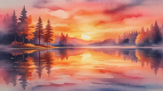 Watercolor Sunset Lake Landscape 4K Generative AI