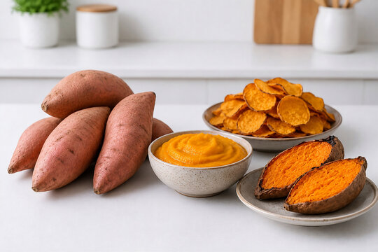 Sweet Potato Processing into Sweet Potato Chips, Puree and Roasted Sweet Potatoes, Food Concept