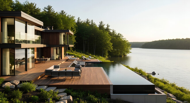 Modern luxury house with an infinity pool and wooden deck overlooking a serene lake and lush forest at sunset.