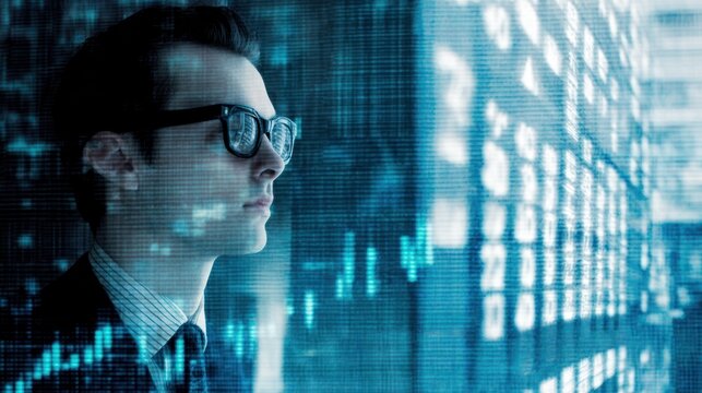 Man analyzes digital financial data on futuristic screen