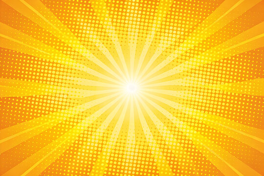 Vibrant comic sunburst background, yellow and orange pop art rays, halftone dot texture with radial sunbeam effect