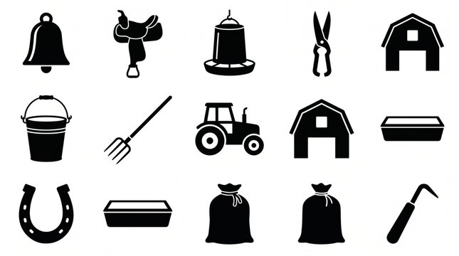 Farm tools and agriculture icons set, rural equipment pictograms, farming collection, tractor, horseshoe, barn symbols, rural stock
