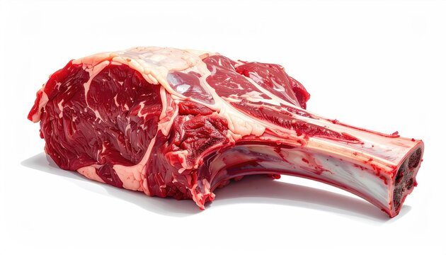 Raw, marbled beef roast with a prominent bone on a white background