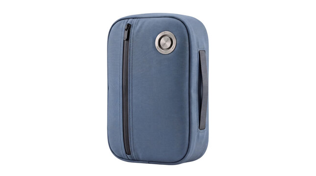 Blue fabric portable storage case with zipper and handle png isolated on transparent background
