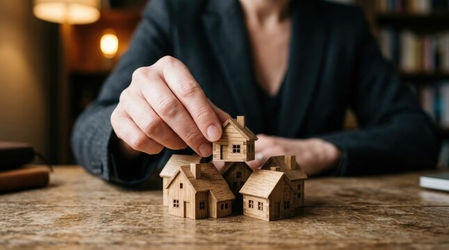 Business person placing a small wooden house model on of a cluster of other wooden house models on a desk in a dimly lit office environment
