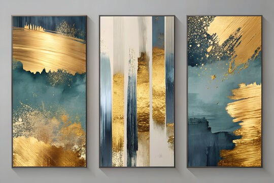 Abstract gold and teal wall art triptych, modern luxury canvas painting set, elegant metallic brushstroke posters for interior decor