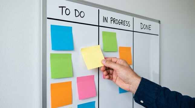 Person organizes tasks using a whiteboard and colored sticky notes in an office at daytime