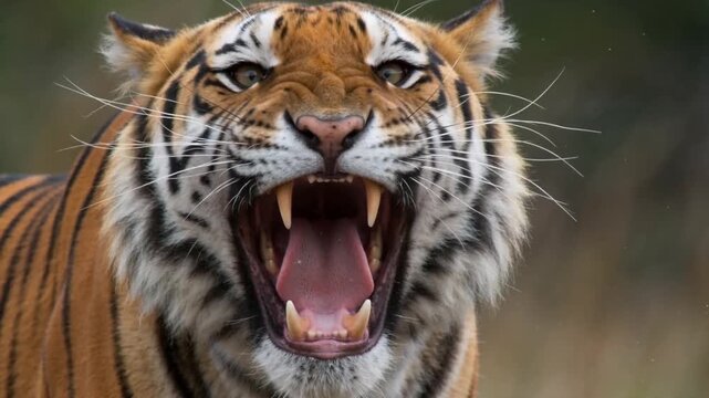 Fierce Bengal Tiger Roaring with Open Mouth Showing Sharp Teeth and Fangs in the Wild Habitat