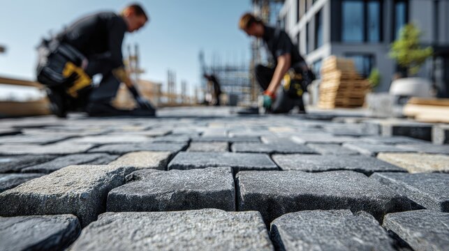 Construction workers paving a grey stone block street. Perfect for urban infrastructure and civil engineering ads.