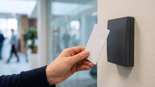 Person uses access card on a security reader at a modern office during working hours