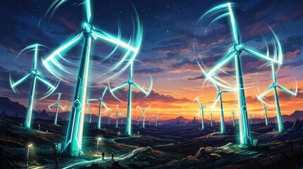 Fototapeta premium Futuristic wind turbine farm at night with glowing blue light patterns on the blades and towers under a dramatic sunset sky in a landscape