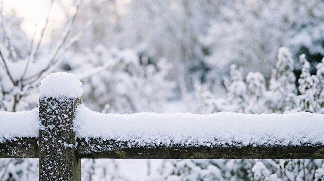 Snow covers a wooden fence in a winter landscape with trees and plants in the background during a cold day
