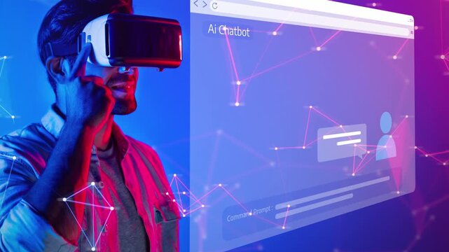 A young man engages with a virtual reality headset, exploring a digital AI chatbot interface, set against a striking neon backdrop showcasing modern technology. Raster