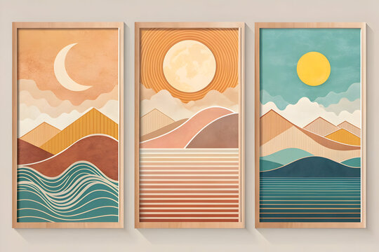 Boho landscape wall art set, mid-century modern sun and moon prints, minimalist desert mountain and ocean triptych in wooden frames