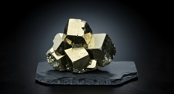 Cluster of pyrite cubes on rough stone base, direct hard light creating metallic highlights, dark background