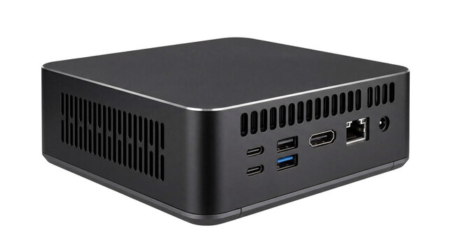 Compact black mini pc computer with usb and hdmi ports png isolated on transparent background