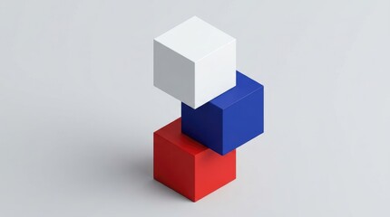 Fototapeta premium Three 3d cubes in white, blue, and red, stacked in an offset vertical formation against a plain, light gray studio background, isometric view