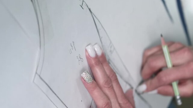 Vertical video. Designer fabric. Garment making. Professional seamstress erasing pencil lines on pattern. Female hand creating clothing paper model on table.