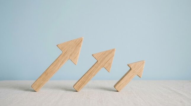Three wooden arrows of different sizes pointing upwards in a diagonal line against a soft light blue wall and beige surface