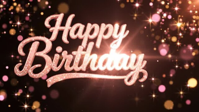 Rose Gold Metallic Happy Birthday Calligraphy Floating Smoothly with Slow Shimmer and Champagne Lighting