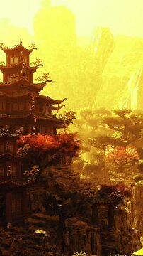 Beneath the warm glow of sunset, a majestic temple stands among rugged mountains and vibrant trees. Nature and history blend beautifully in this enchanting scene, inviting exploration and wonder.
