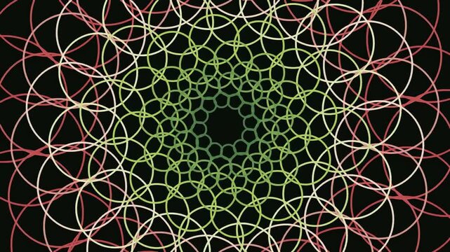 Hypnotic Abstract Artwork Featuring Symmetrical Interlocking Circles in a Vibrant Gradient, Creating an Optical Illusion of Depth and Dynamic Visual Interest on a Dark Background