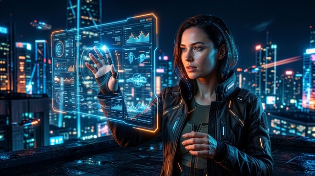 Young woman interacting with advanced holographic digital interface in modern city at night technology hologram cyberpunk interface innovation futuristic software advanced