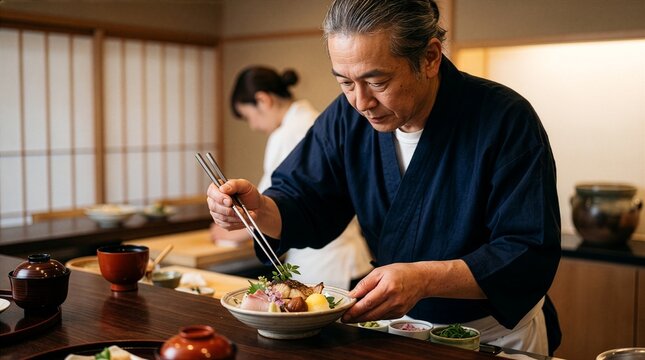 Japanese chef preparing fresh sashimi bowl in traditional restaurant with japanese restaurant traditional culinary preparing professional gastronomy chopsticks technique