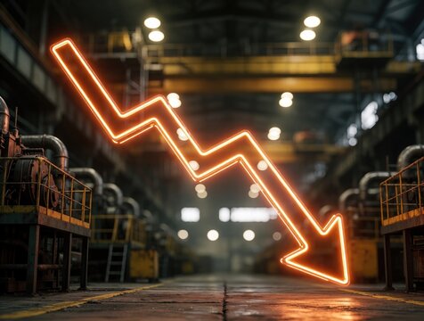 Neon downward arrow hovers over factory floor. Industrial building interior shows machinery and equipment. Economic decline visual concept with manufacturing setting.