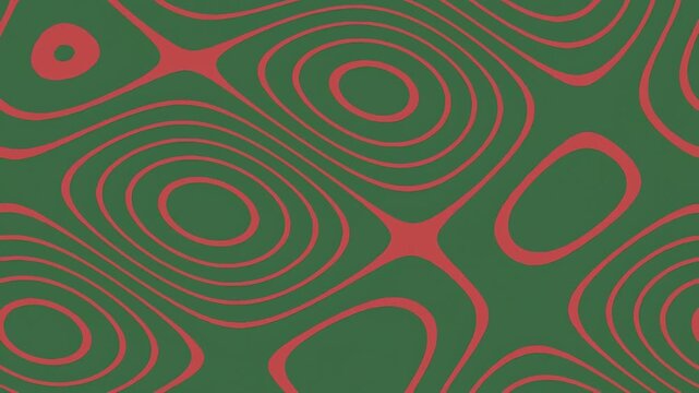 Abstract seamless topographic pattern featuring red fluid lines and concentric organic shapes on a dark green background