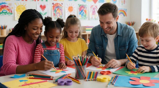 Diverse parents volunteer in classroom helping young children with paper crafts. Adults sit with pupils drawing colourful flowers. Smiling family members engage in creative lesson together.