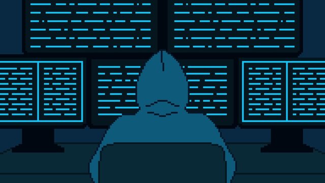 8-bit pixel art hacker with multiple monitors