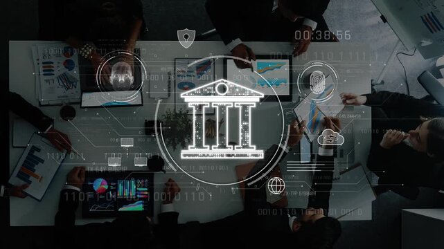 A professional team engages in a collaborative meeting focused on financial reports, surrounded by modern technology and digital security elements in an office setting. Raster