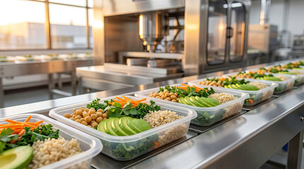 Obraz premium Healthy meal prep trays with avocado, chickpeas, brown rice, carrot sticks, and leafy greens lined up on stainless steel conveyor belt in commercial kitchen