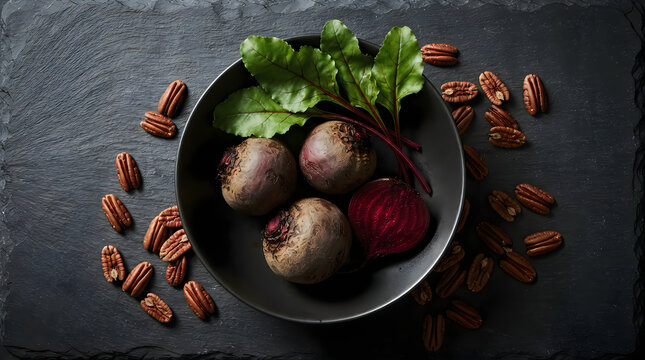 Fresh raw beetroots with green leaves and scattered pecans arranged on a dark rustic stone background viewed from above in a top down flat lay