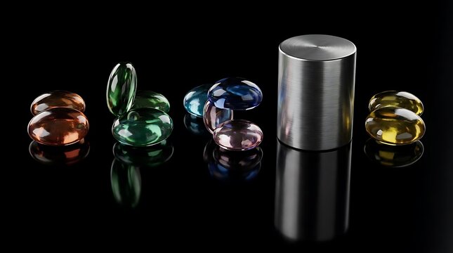 Abcde artistic composition featuring assorted colorful polished glass pebbles and a cylindrical metal weight displayed on a sleek reflective black surface
